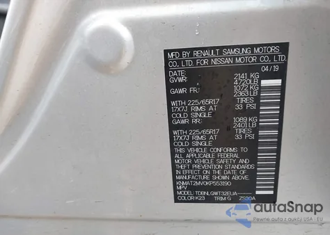 2019 Nissan Rogue Sv z USA, uszkodzony, nr VIN KNMAT2MV0KP553190